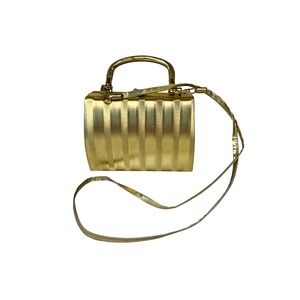 Vintage Gold Striped Box Handbag Evening Clutch Chain Strap Glamorous 80s Party